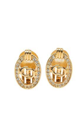 Dior CD Logo Oval Earrings Gold Plated Rhinestone